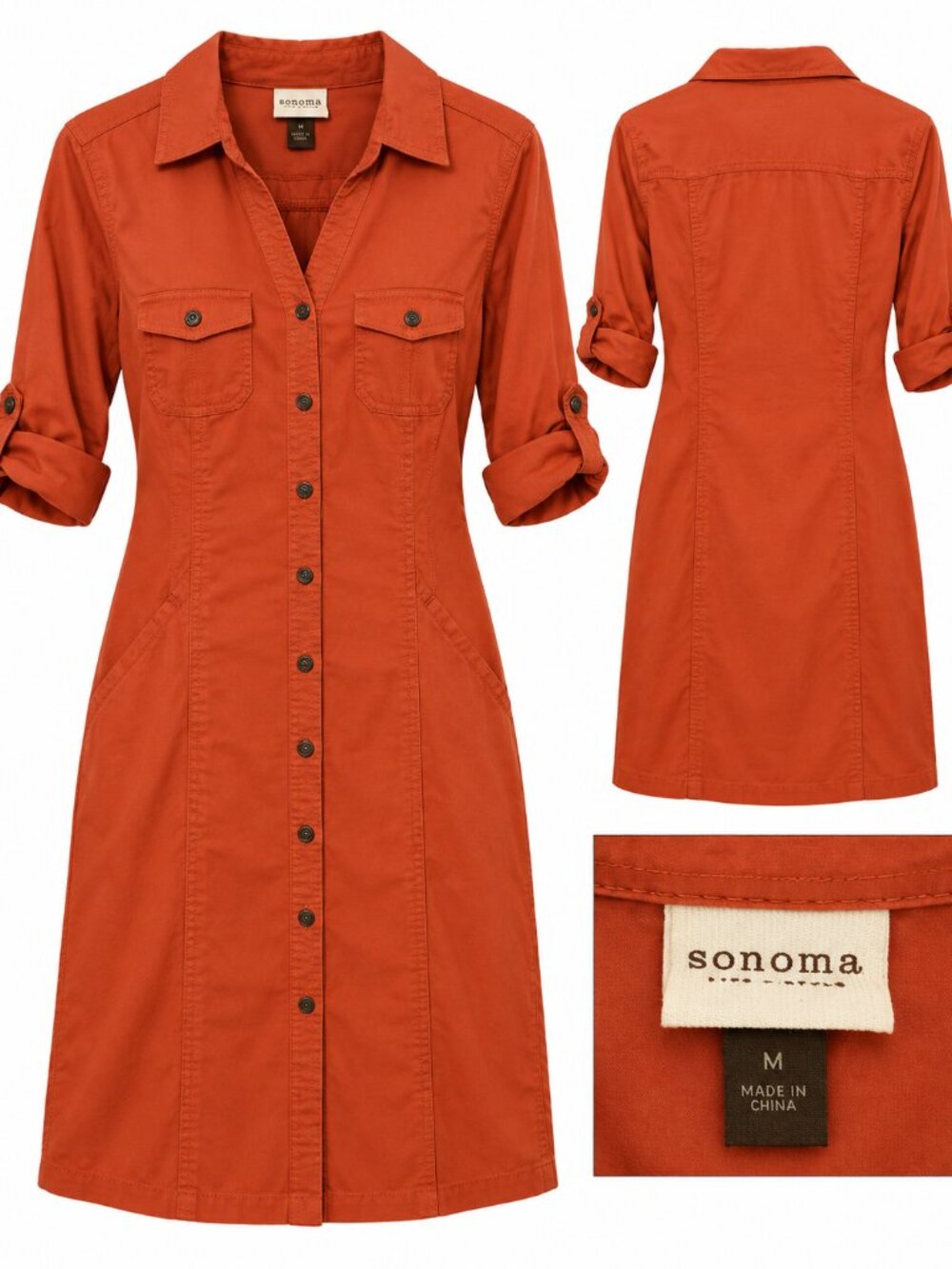 Sonoma Rust Orange Utility Shirt Dress Roll Tab Sleeves Size M